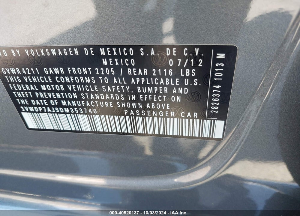 2013 VOLKSWAGEN JETTA 2.5L SE VIN: 3VWDP7AJ9DM353740