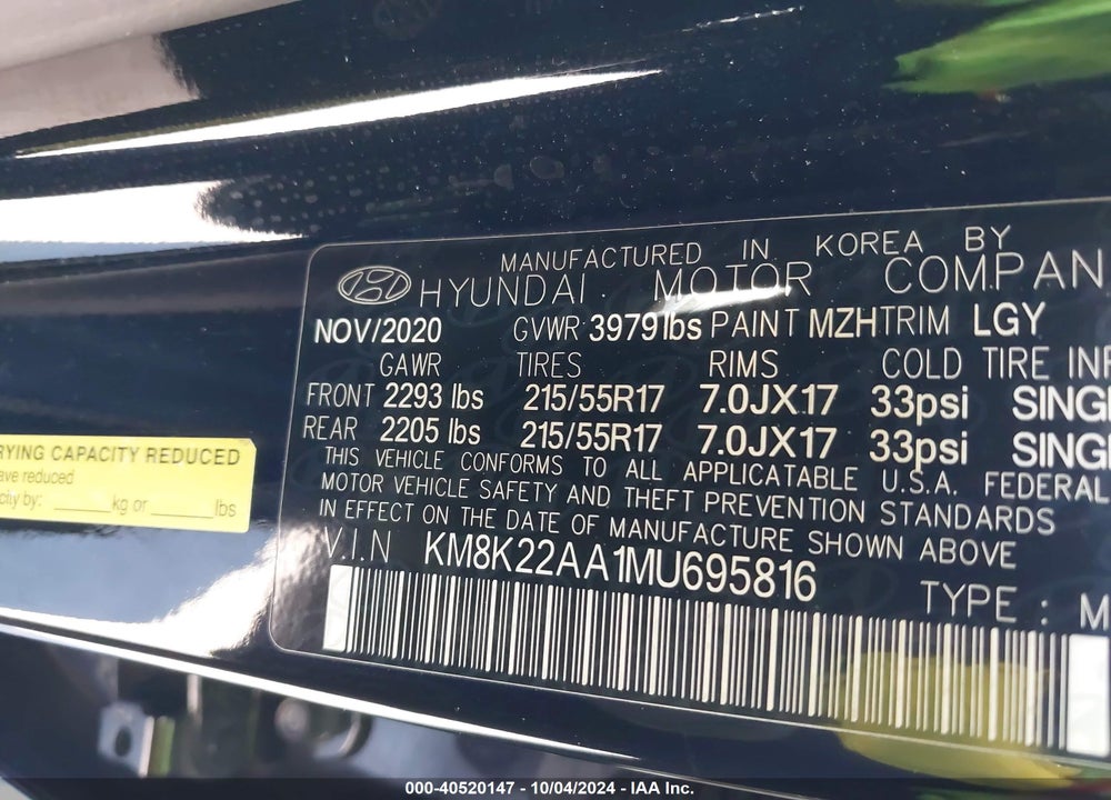 2021 HYUNDAI KONA SEL VIN: KM8K22AA1MU695816