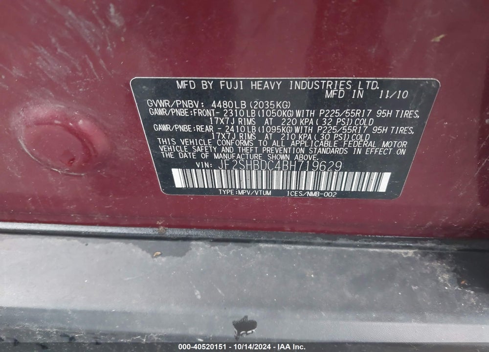 2011 SUBARU FORESTER 2.5X PREMIUM VIN: JF2SHBDC4BH719629