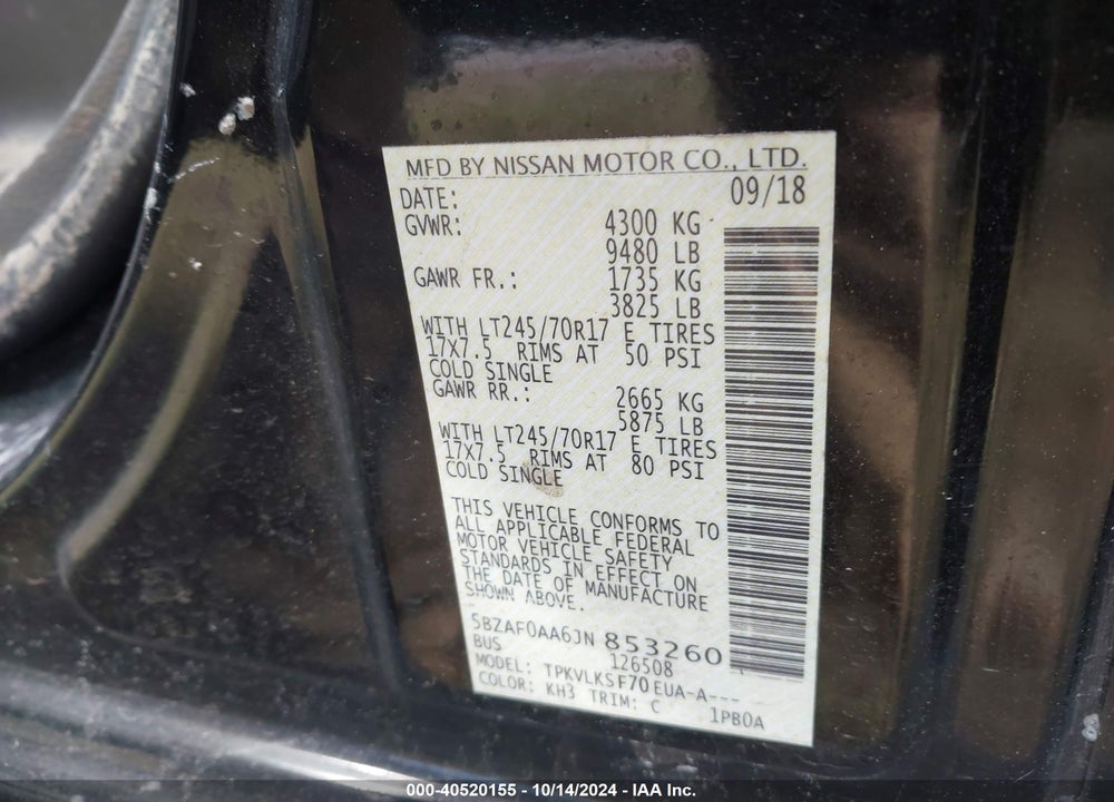 2018 NISSAN NV PASSENGER NV3500 HD SL V8 VIN: 5BZAF0AA6JN853260