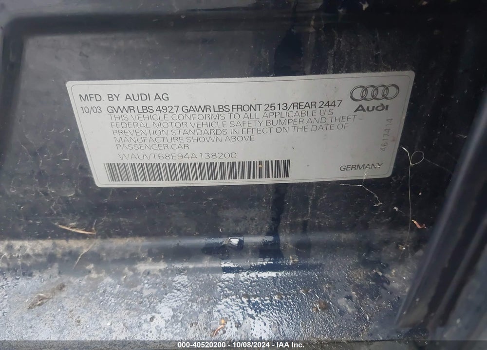 2004 AUDI A4 3.0 AVANT VIN: WAUVT68E94A138200