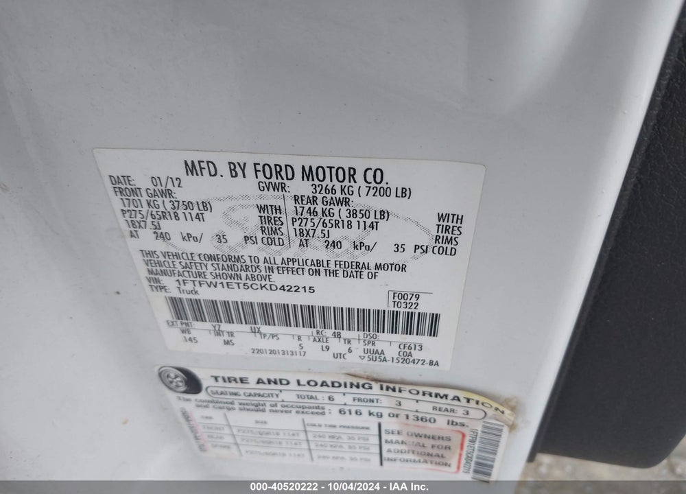 2012 FORD F-150 XLT VIN: 1FTFW1ET5CKD42215