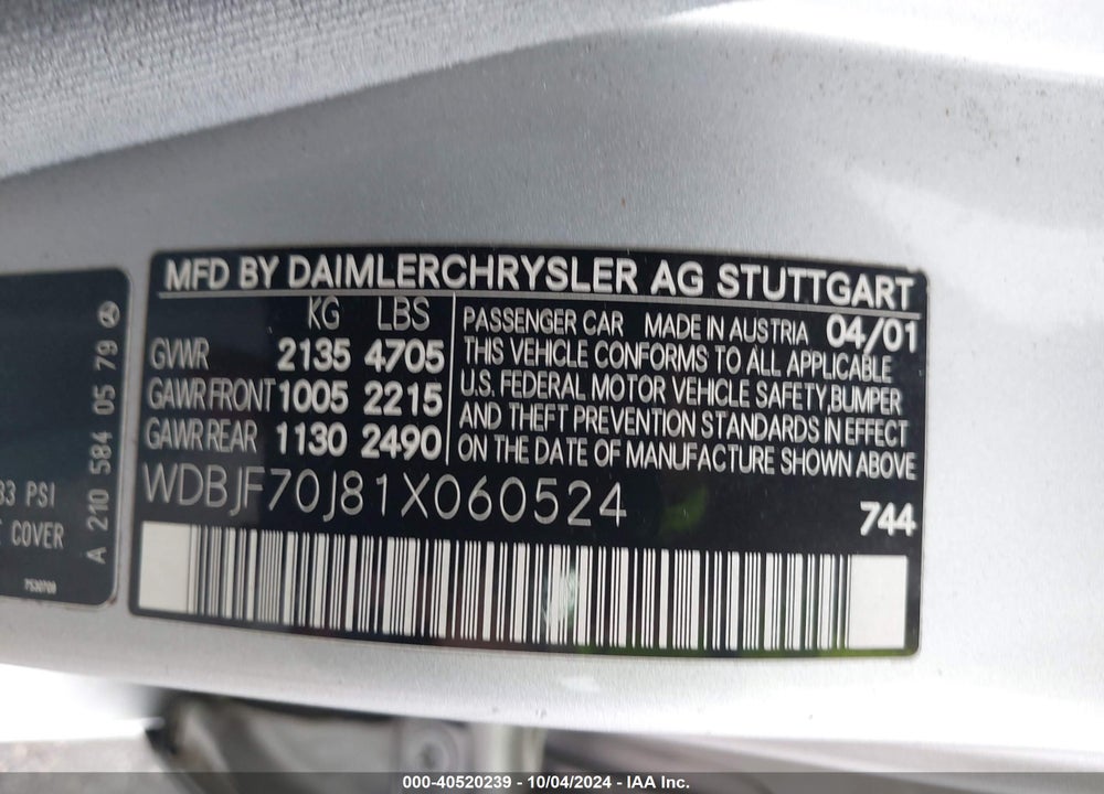 2001 MERCEDES-BENZ E 430 VIN: WDBJF70J81X060524