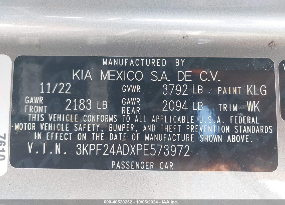2023 KIA FORTE LXS VIN: 3KPF24ADXPE573972