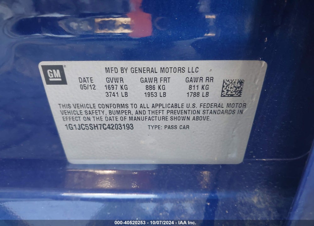 2012 CHEVROLET SONIC 2LT VIN: 1G1JC5SH7C4203193