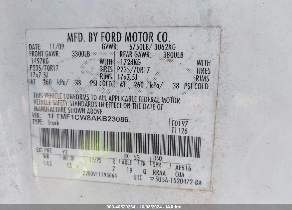 2010 FORD F-150 XL VIN: 1FTMF1CW8AKB23086