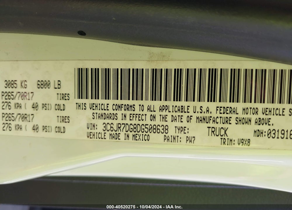 2013 RAM 1500 TRADESMAN VIN: 3C6JR7DG8DG508638