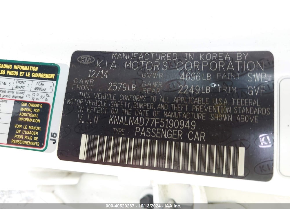 2015 KIA CADENZA PREMIUM VIN: KNALN4D77F5190949