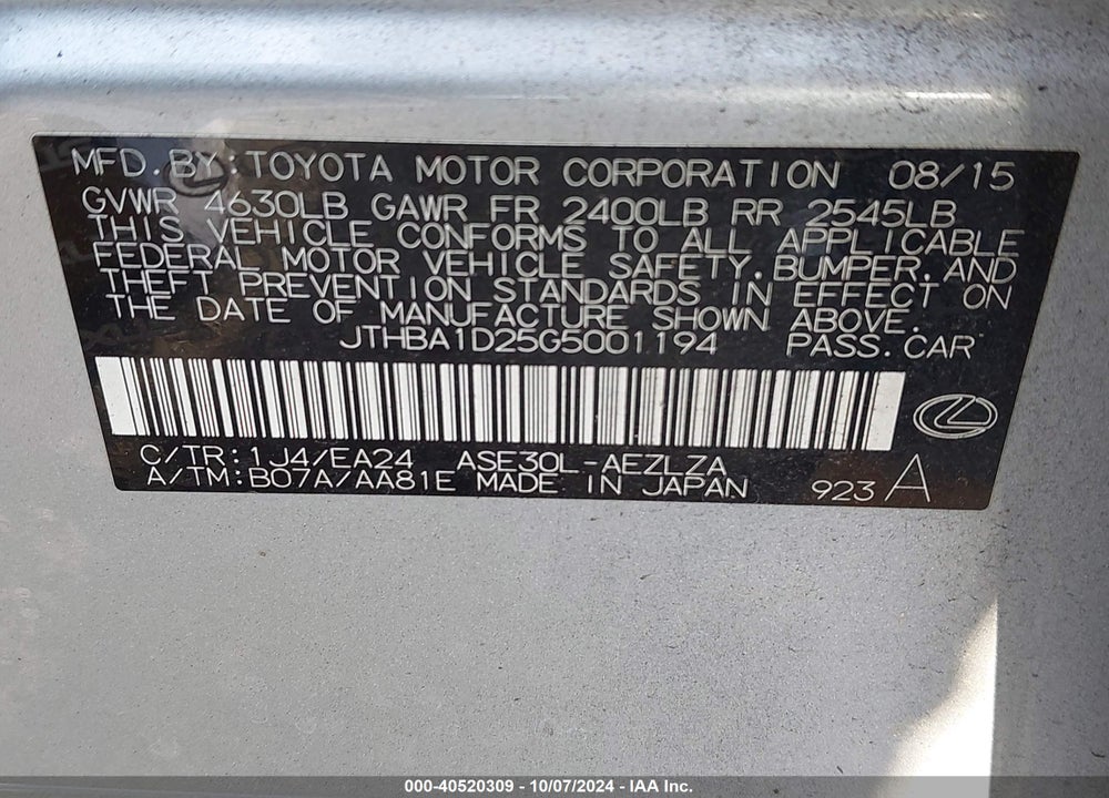 2016 LEXUS IS 200T VIN: JTHBA1D25G5001194