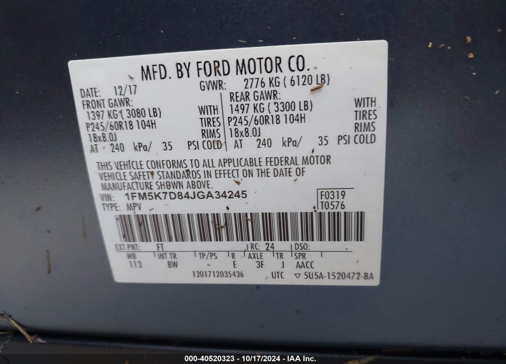 2018 FORD EXPLORER XLT VIN: 1FM5K7D84JGA34245