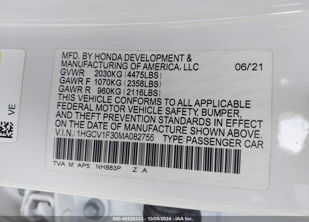 2021 HONDA ACCORD SPORT VIN: 1HGCV1F30MA082755