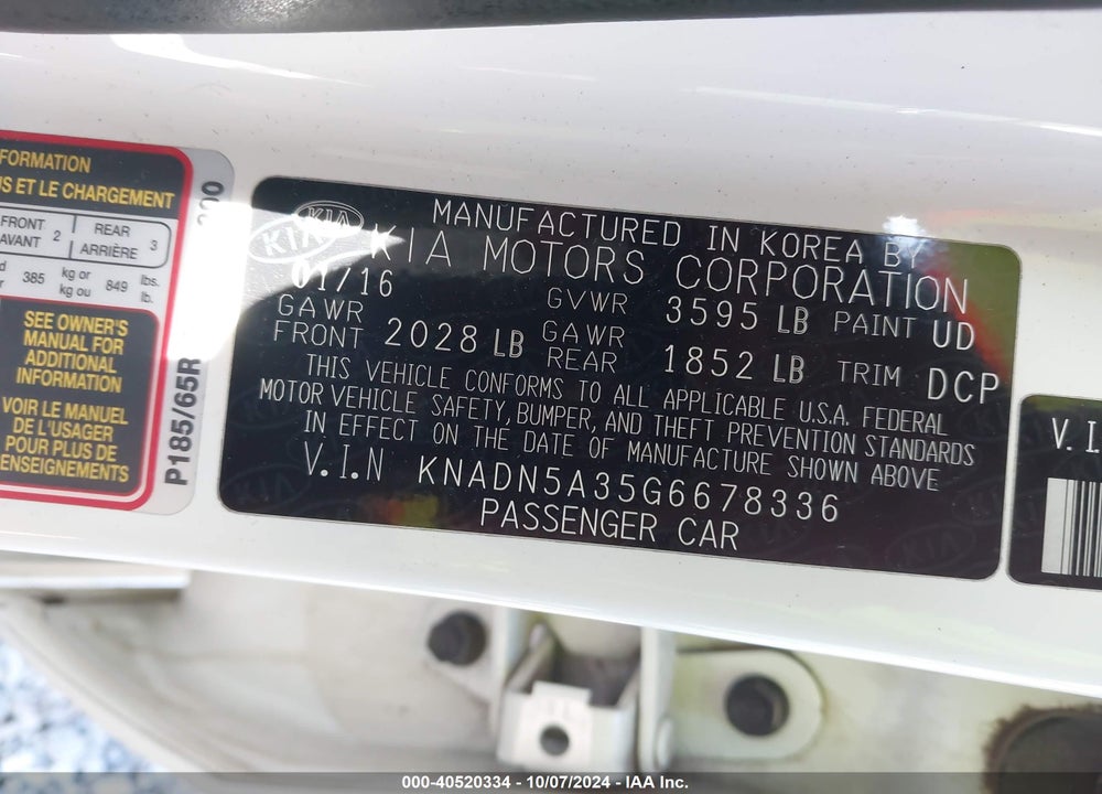 2016 KIA RIO EX VIN: KNADN5A35G6678336