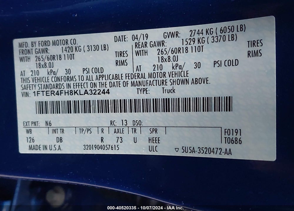 2019 FORD RANGER LARIAT VIN: 1FTER4FH8KLA32244