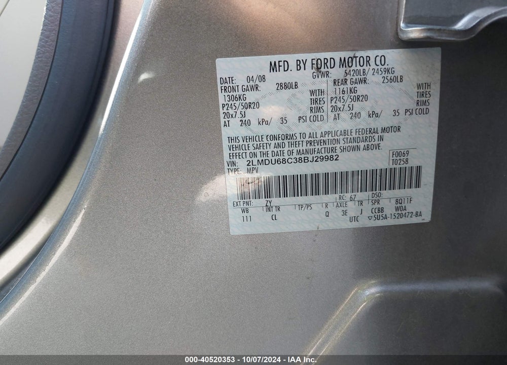2008 LINCOLN MKX VIN: 2LMDU68C38BJ29982