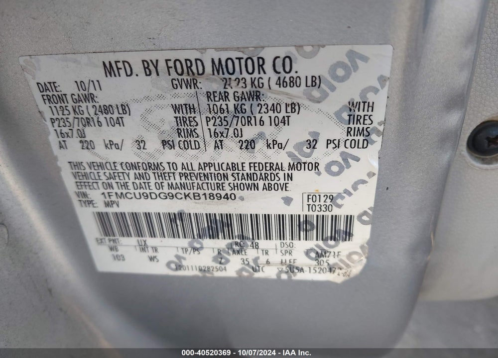 2012 FORD ESCAPE XLT VIN: 1FMCU9DG9CKB18940
