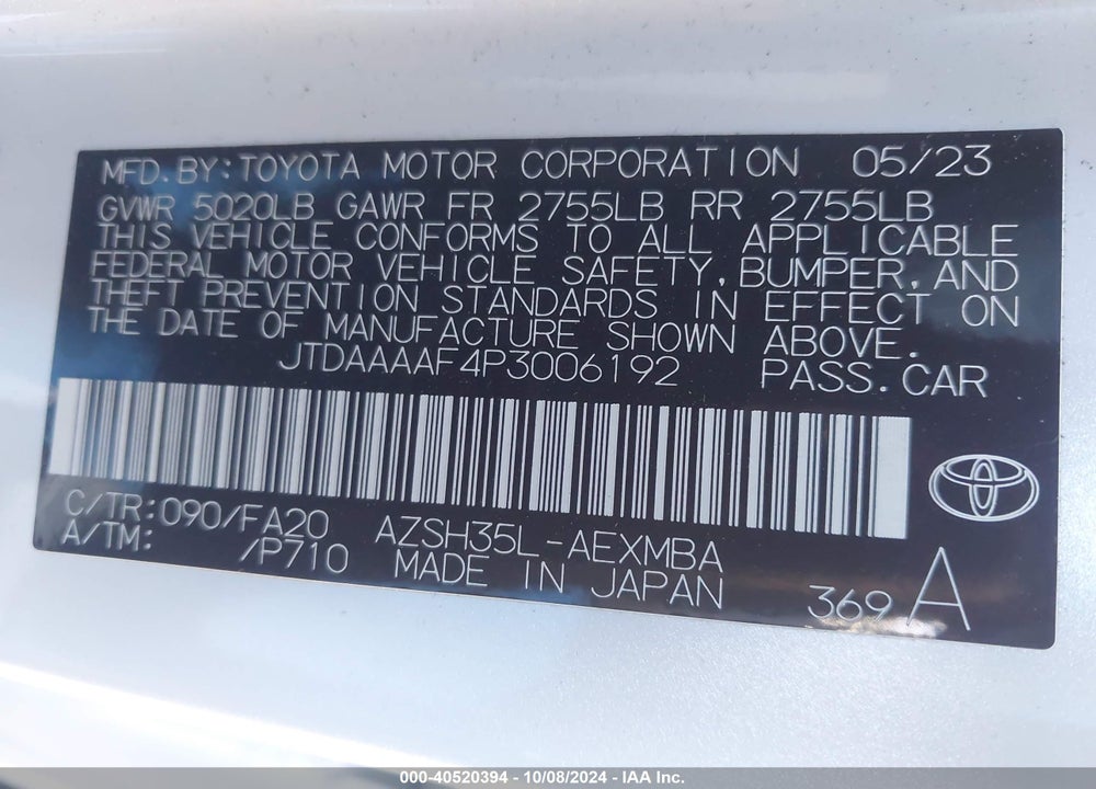 2023 TOYOTA CROWN XLE VIN: JTDAAAAF4P3006192
