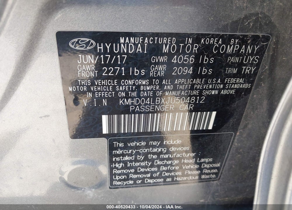 2018 HYUNDAI ELANTRA SPORT VIN: KMHD04LBXJU504812