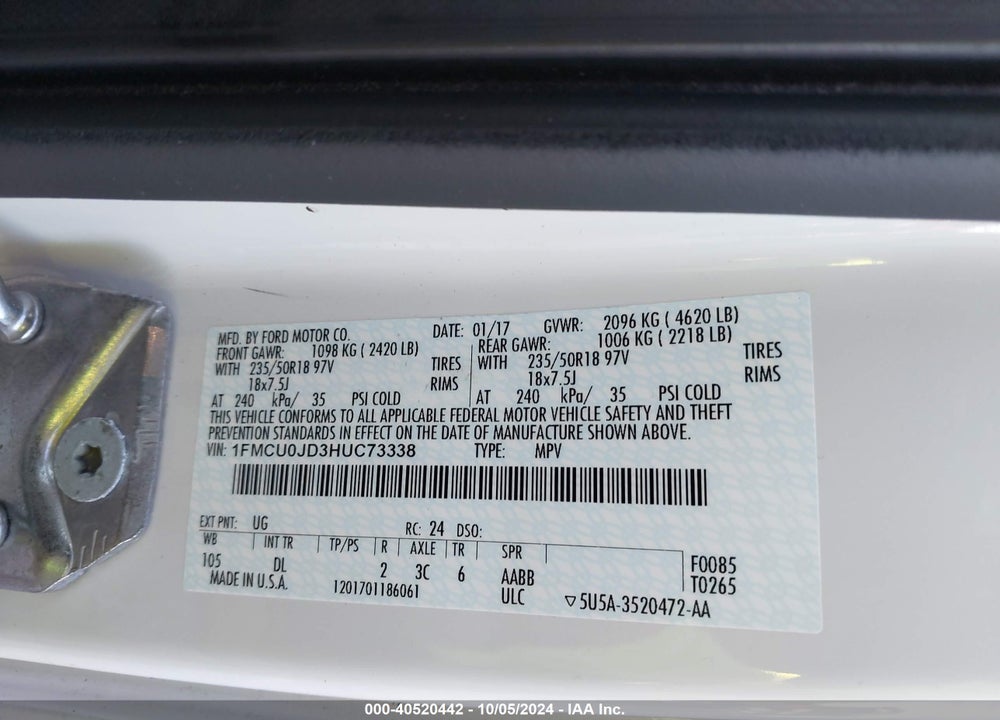 2017 FORD ESCAPE TITANIUM VIN: 1FMCU0JD3HUC73338