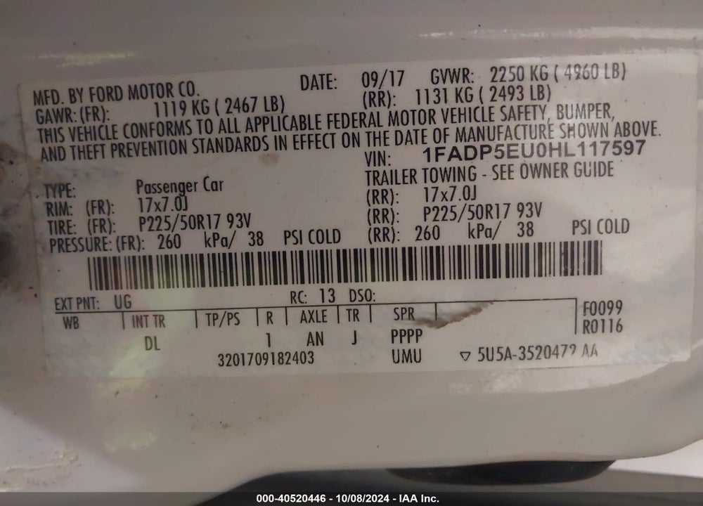 2017 FORD C-MAX ENERGI SE VIN: 1FADP5EU0HL117597