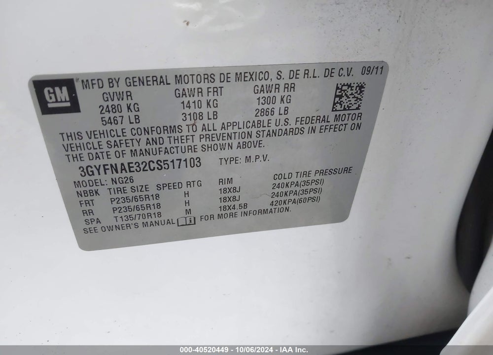 2012 CADILLAC SRX LUXURY COLLECTION VIN: 3GYFNAE32CS517103