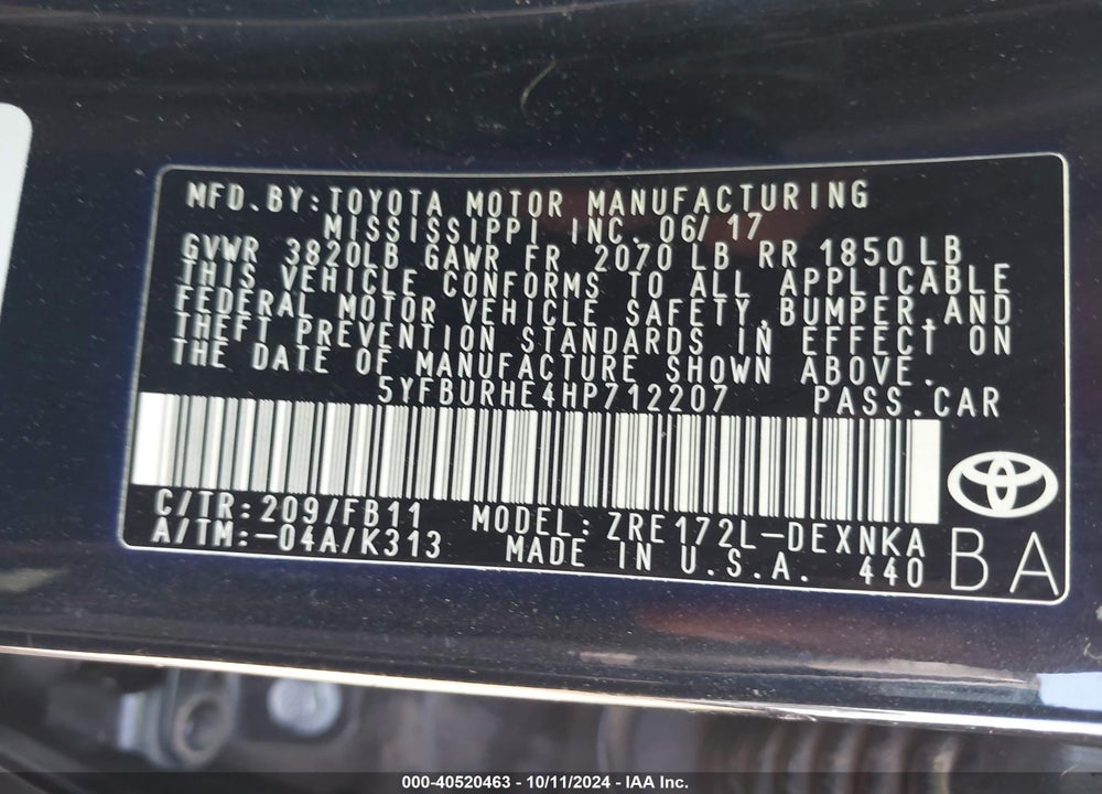 2017 TOYOTA COROLLA LE VIN: 5YFBURHE4HP712207