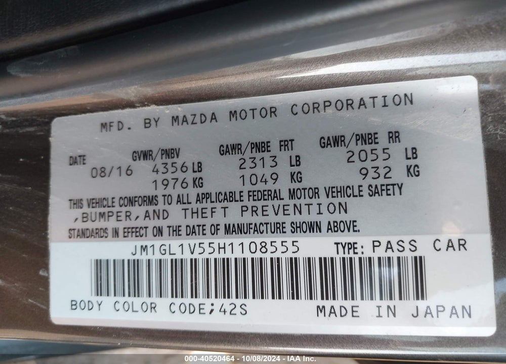 2017 MAZDA 6 TOURING VIN: JM1GL1V55H1108555