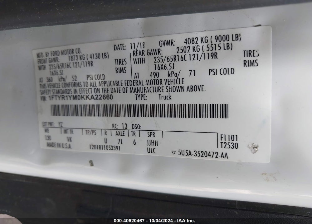 2019 FORD TRANSIT-250 VIN: 1FTYR1YM0KKA22660