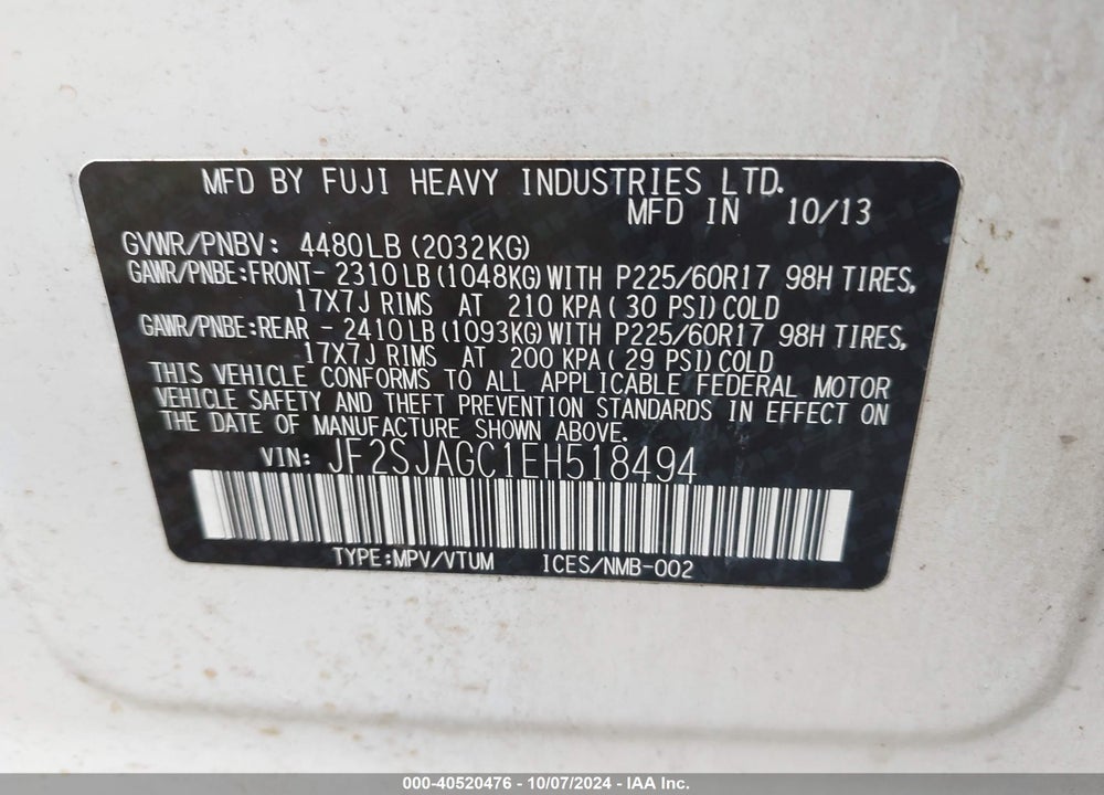 2014 SUBARU FORESTER 2.5I PREMIUM VIN: JF2SJAGC1EH518494