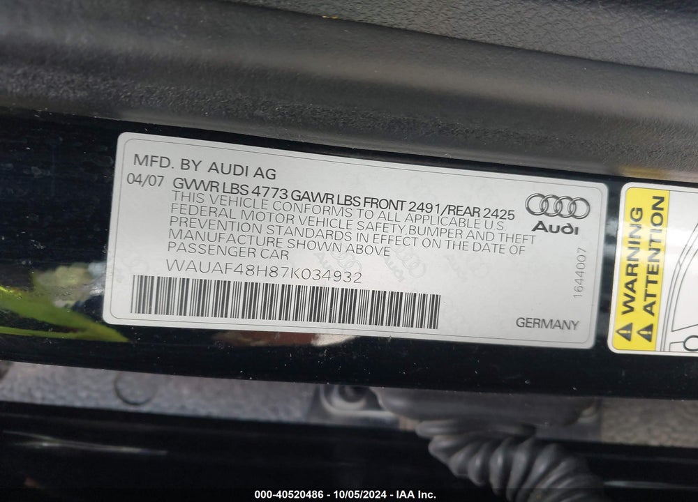 2007 AUDI A4 2.0T VIN: WAUAF48H87K034932