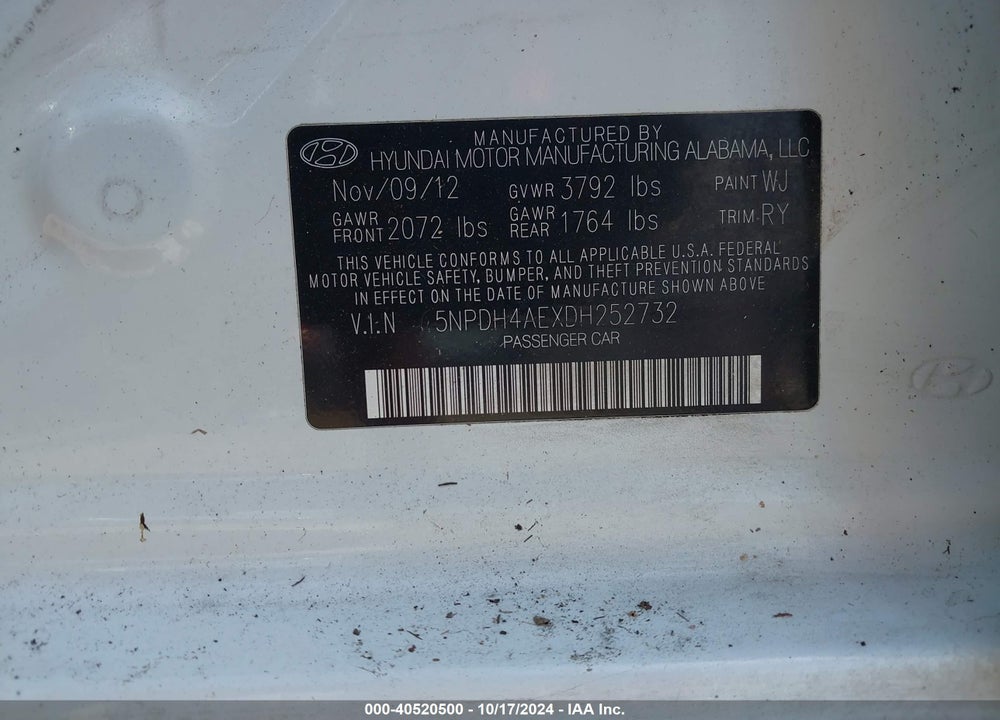 2013 HYUNDAI ELANTRA LIMITED VIN: 5NPDH4AEXDH252732