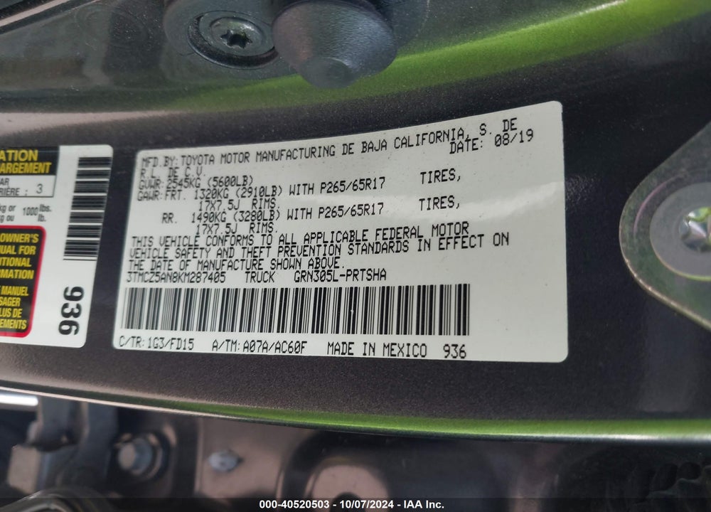 2019 TOYOTA TACOMA TRD SPORT VIN: 3TMCZ5AN8KM287405