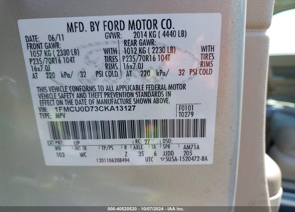 2012 FORD ESCAPE XLT VIN: 1FMCU0D73CKA13127