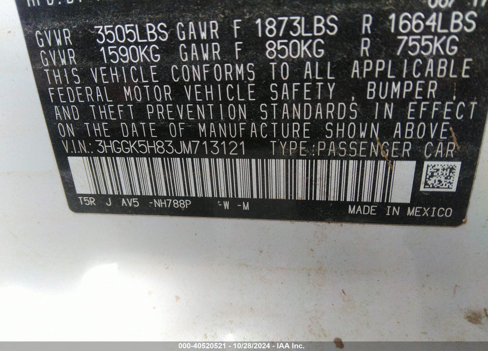 2018 HONDA FIT EX VIN: 3HGGK5H83JM713121