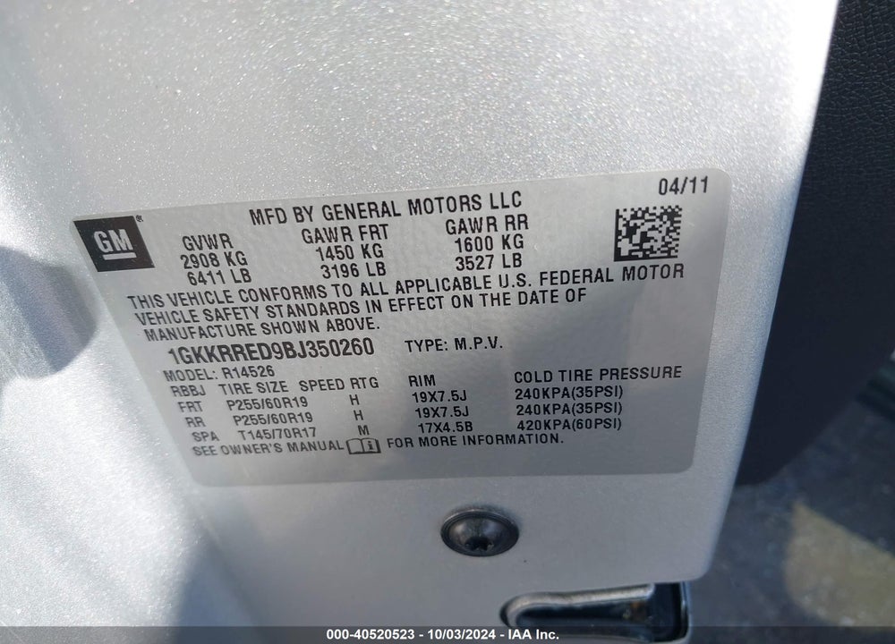 2011 GMC ACADIA SLT-1 VIN: 1GKKRRED9BJ350260