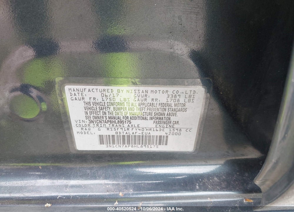 2017 NISSAN VERSA 1.6 S+ VIN: 3N1CN7AP8HL895175