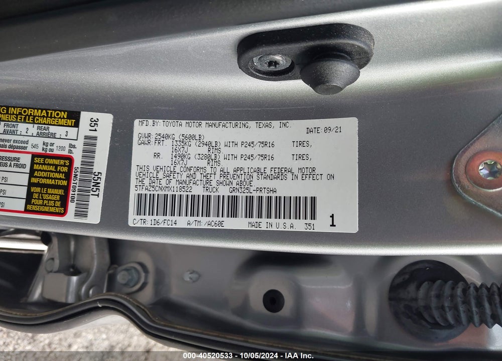 2021 TOYOTA TACOMA SR5 V6 VIN: 5TFAZ5CNXMX118522