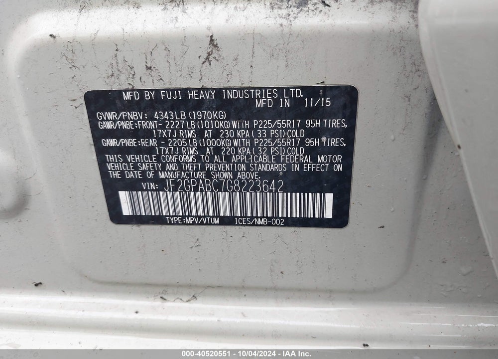 2016 SUBARU CROSSTREK 2.0I PREMIUM VIN: JF2GPABC7G8223642