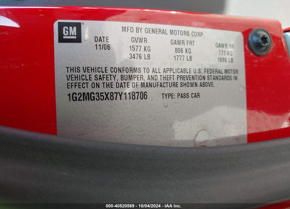 2007 PONTIAC SOLSTICE GXP VIN: 1G2MG35X87Y118706