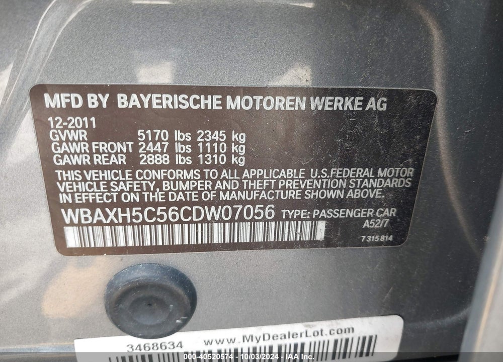 2012 BMW 528I XDRIVE VIN: WBAXH5C56CDW07056