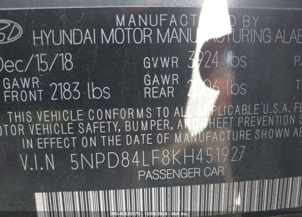 2019 HYUNDAI ELANTRA LIMITED VIN: 5NPD84LF8KH451927