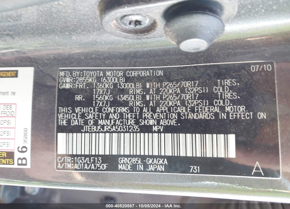 2010 TOYOTA 4RUNNER SR5 V6 VIN: JTEBU5JR5A5031235