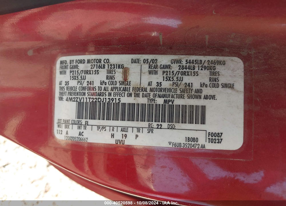 2002 MERCURY VILLAGER VIN: 4M2ZV11T22DJ13915