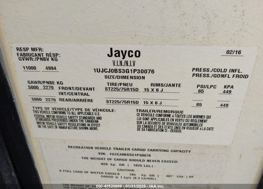 2016 JAYCO FIFTH WHEEL VIN: 1UJCJ0BS3G1P30076
