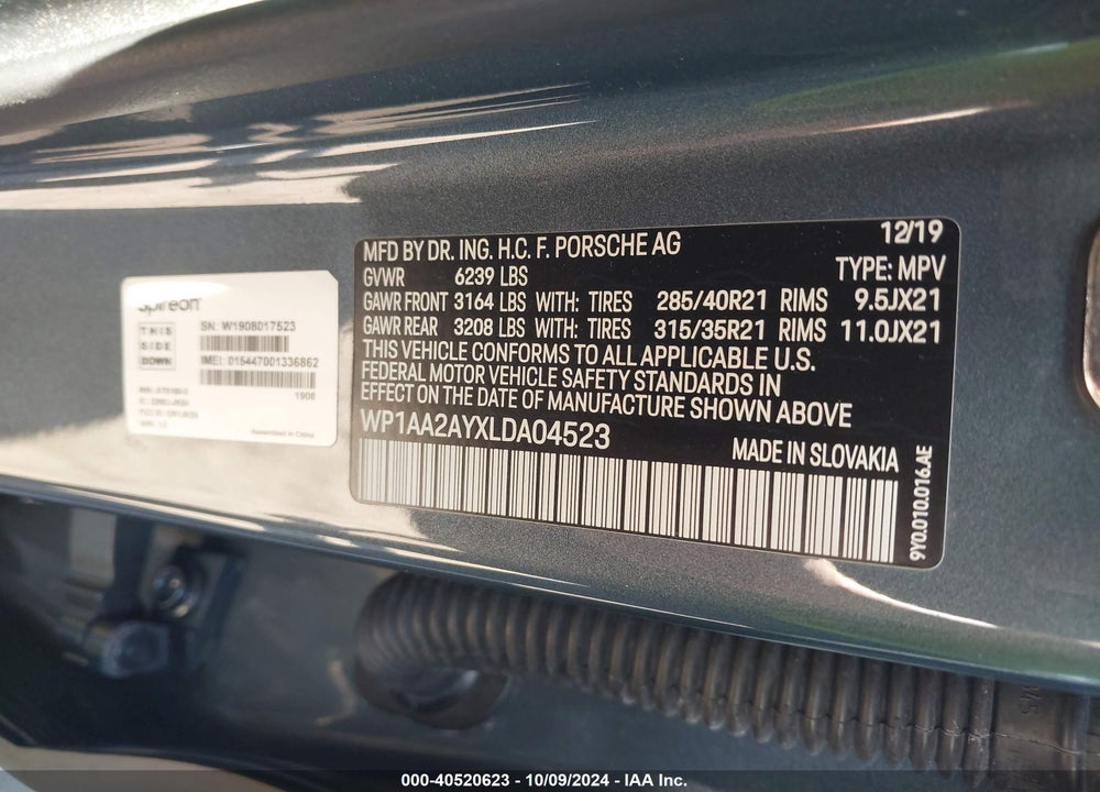 2020 PORSCHE CAYENNE VIN: WP1AA2AYXLDA04523
