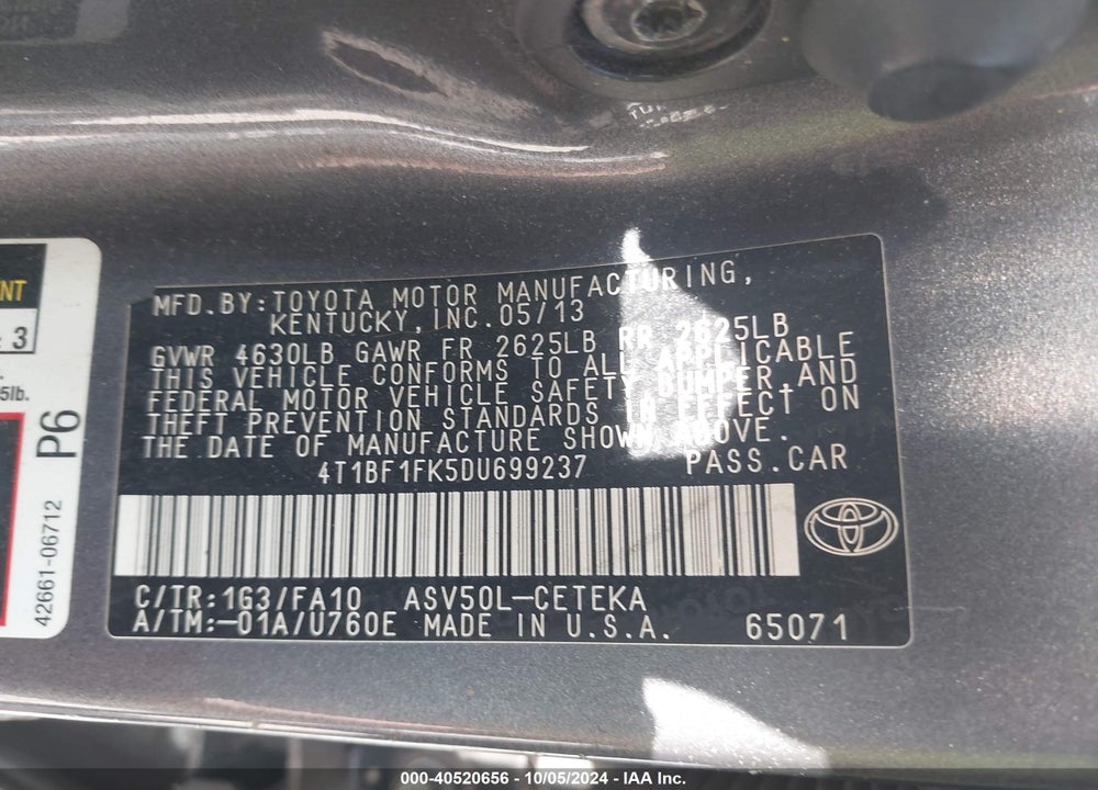 2013 TOYOTA CAMRY L VIN: 4T1BF1FK5DU699237