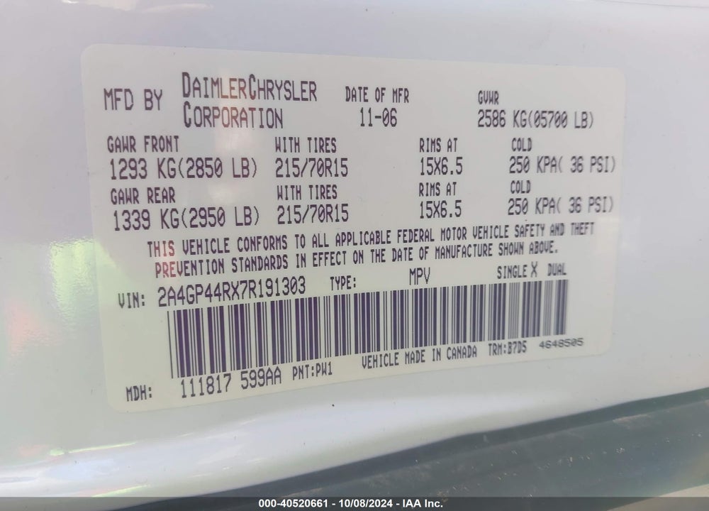 2007 CHRYSLER TOWN & COUNTRY LX VIN: 2A4GP44RX7R191303