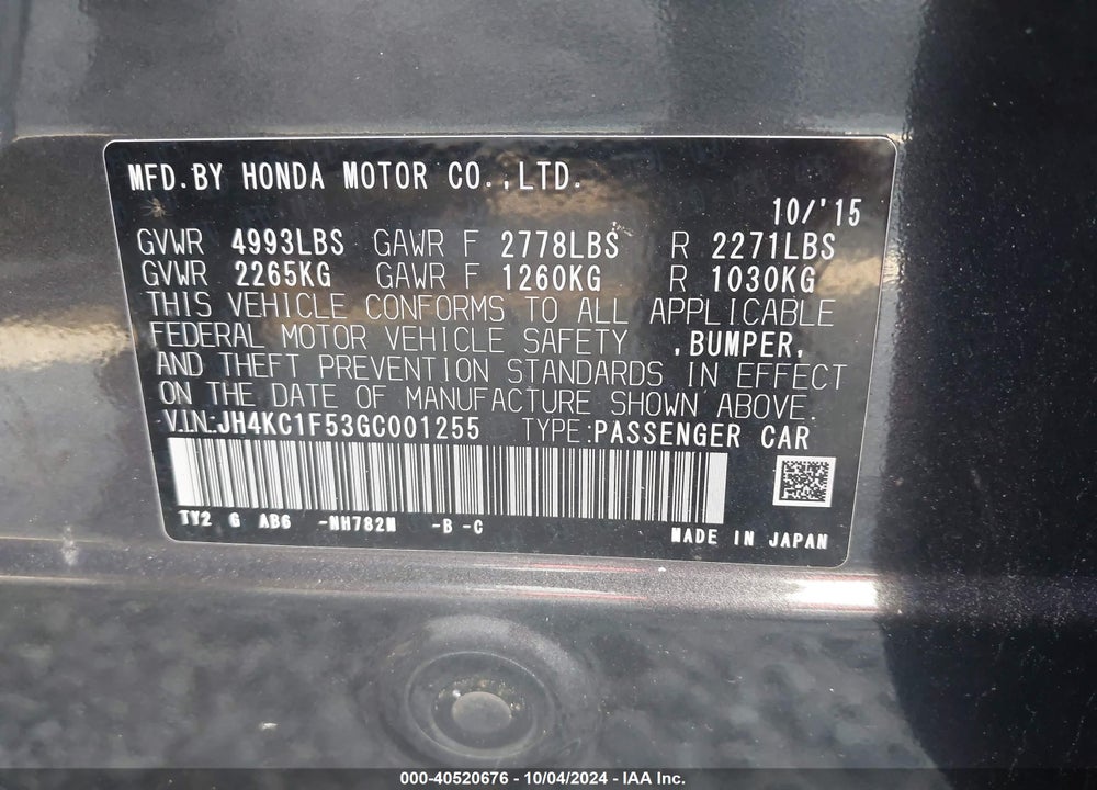 2016 ACURA RLX VIN: JH4KC1F53GC001255