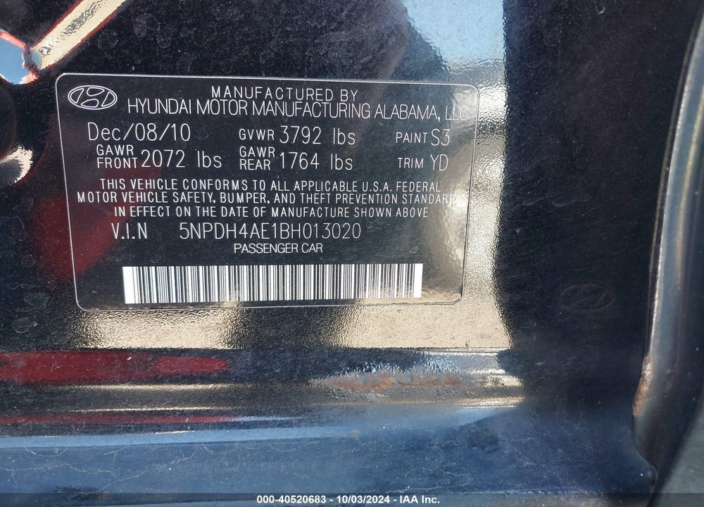 2011 HYUNDAI ELANTRA LIMITED VIN: 5NPDH4AE1BH013020