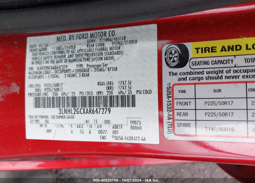 2010 LINCOLN MKZ VIN: 3LNHL2GCXAR647279