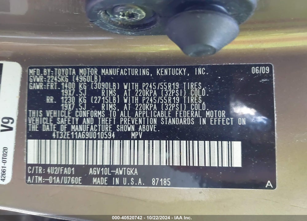 2009 TOYOTA VENZA VIN: 4T3ZE11A69U010594